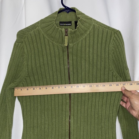 DKNY Jeans Full Front Zip Knit Sweater Women's XL Green Cotton Turtleneck Logo - Picture 6 of 7